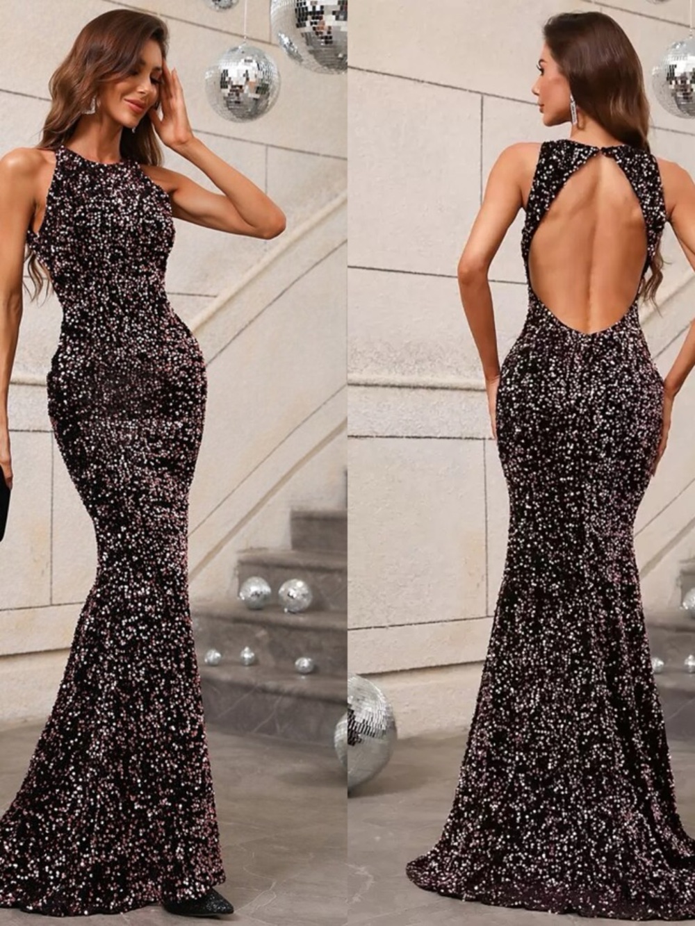 FAERIESTY Elegant Sleeveless Sequin Mermaid Split Thigh Open Back Dress Small